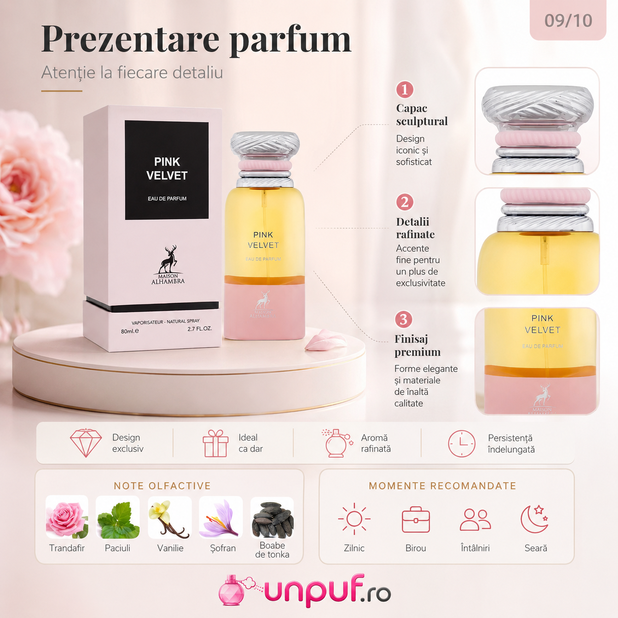 Parfum Arăbesc Maison Alhambra Pink Velvet 80 ml damă, prezentare elegantă cu flacon roz și accente feminine